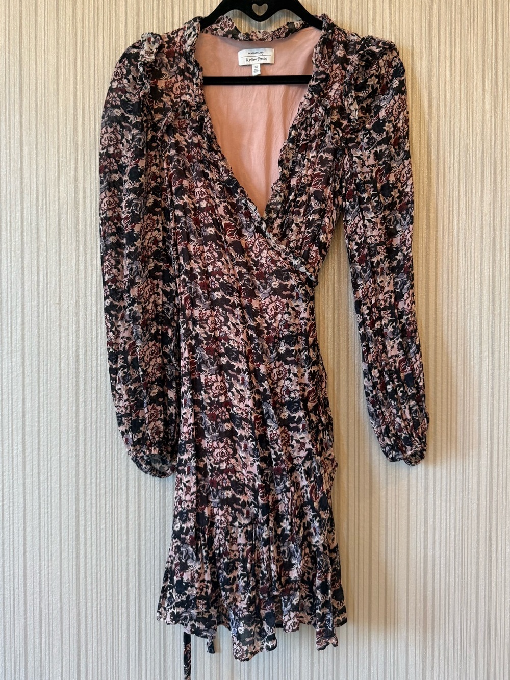& Other Stories Black and Pink Floral Long Sleeve Wrap Dress